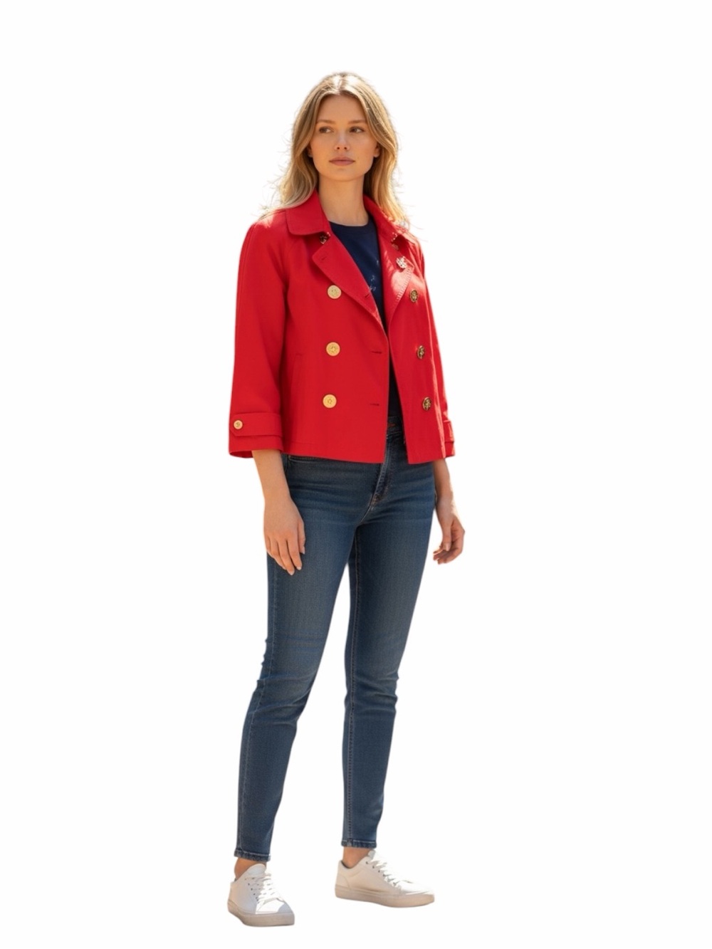 Lauren Ralph Lauren Red Cropped Nautical Peacoat Petite Large